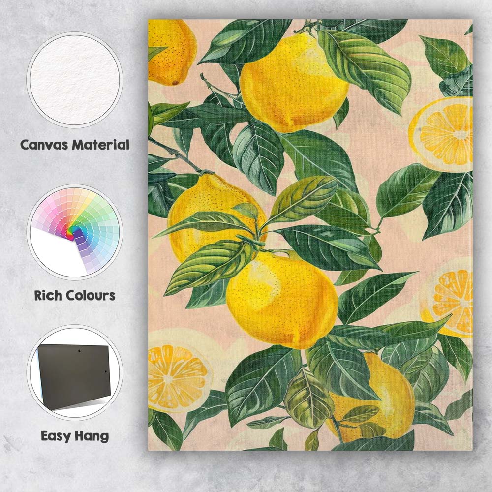 Fresh Yellow Lemon Citrus Branch Repeat Pattern Canvas Wall Art Print Decor Picture Ready to Hang