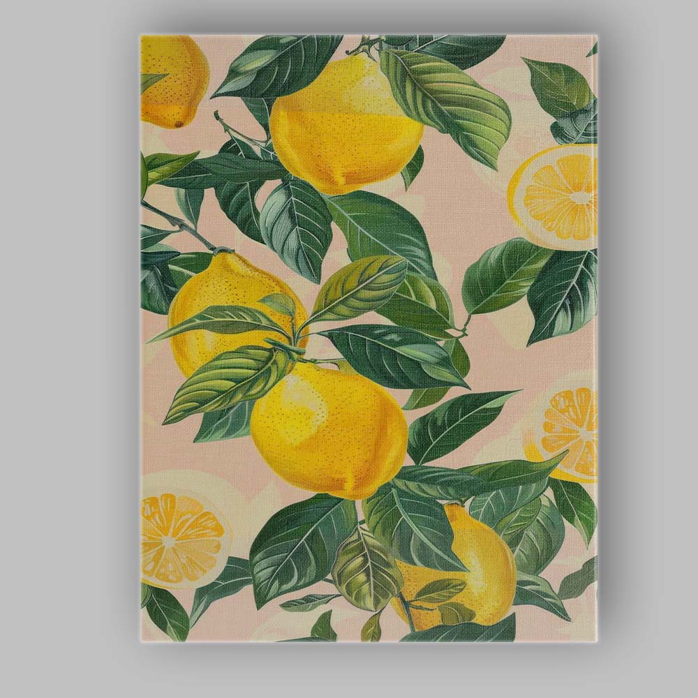 Fresh Yellow Lemon Citrus Branch Repeat Pattern Canvas Wall Art Print Decor Picture Ready to Hang
