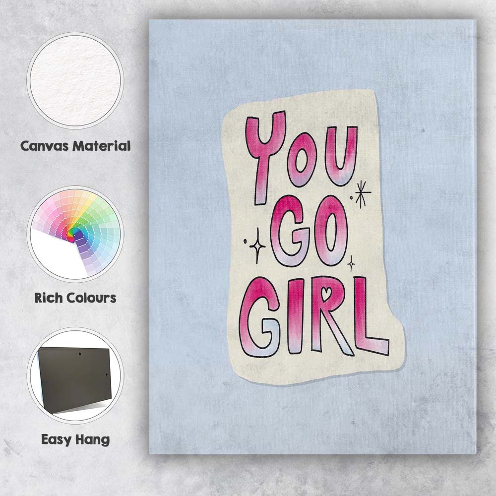 Pink Watercolour You Go Girl Inspirational Typography Canvas Wall Art Print Decor Picture Ready to Hang