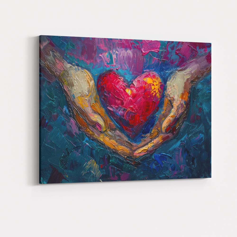 Abstract Colourful Heart In Caring Hands Palette Knife Painting Canvas Wall Art Print Decor Picture Ready to Hang