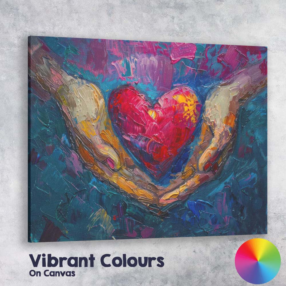 Abstract Colourful Heart In Caring Hands Palette Knife Painting Canvas Wall Art Print Decor Picture Ready to Hang