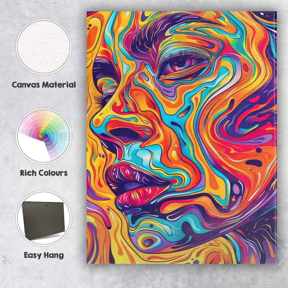 Psychedelic Abstract Female Face Colourful Fluid Line Art Canvas Wall Art Print Decor Picture Ready to Hang