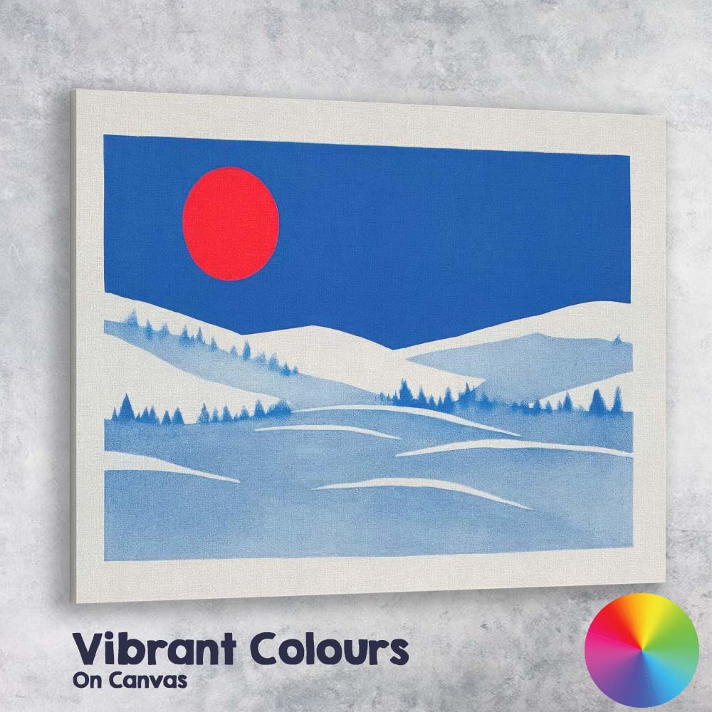 Minimalist Blue Winter Landscape Red Sun Scandinavian Style Canvas Wall Art Print Decor Picture Ready to Hang