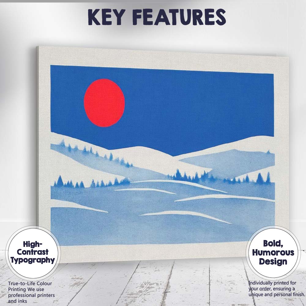 Minimalist Blue Winter Landscape Red Sun Scandinavian Style Canvas Wall Art Print Decor Picture Ready to Hang