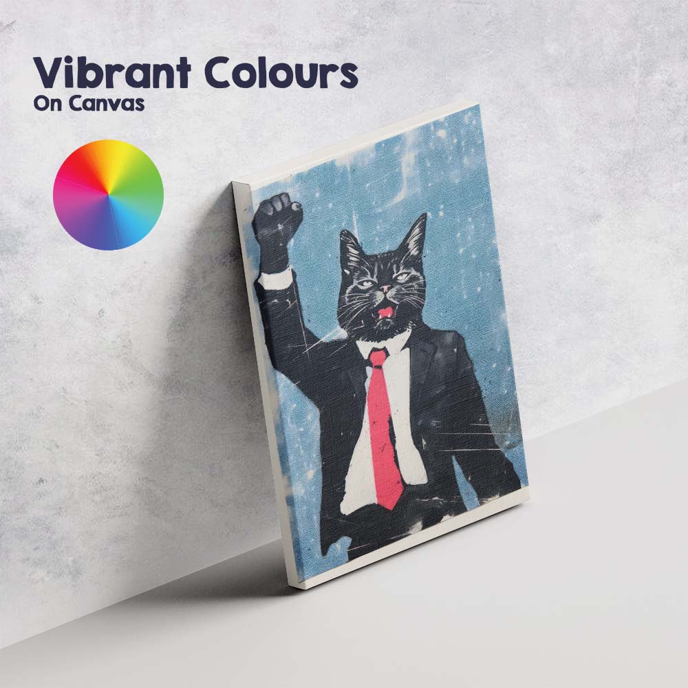 Funny Business Cat Raising Fist Pop Art Illustration Canvas Wall Art Print Decor Picture Ready to Hang