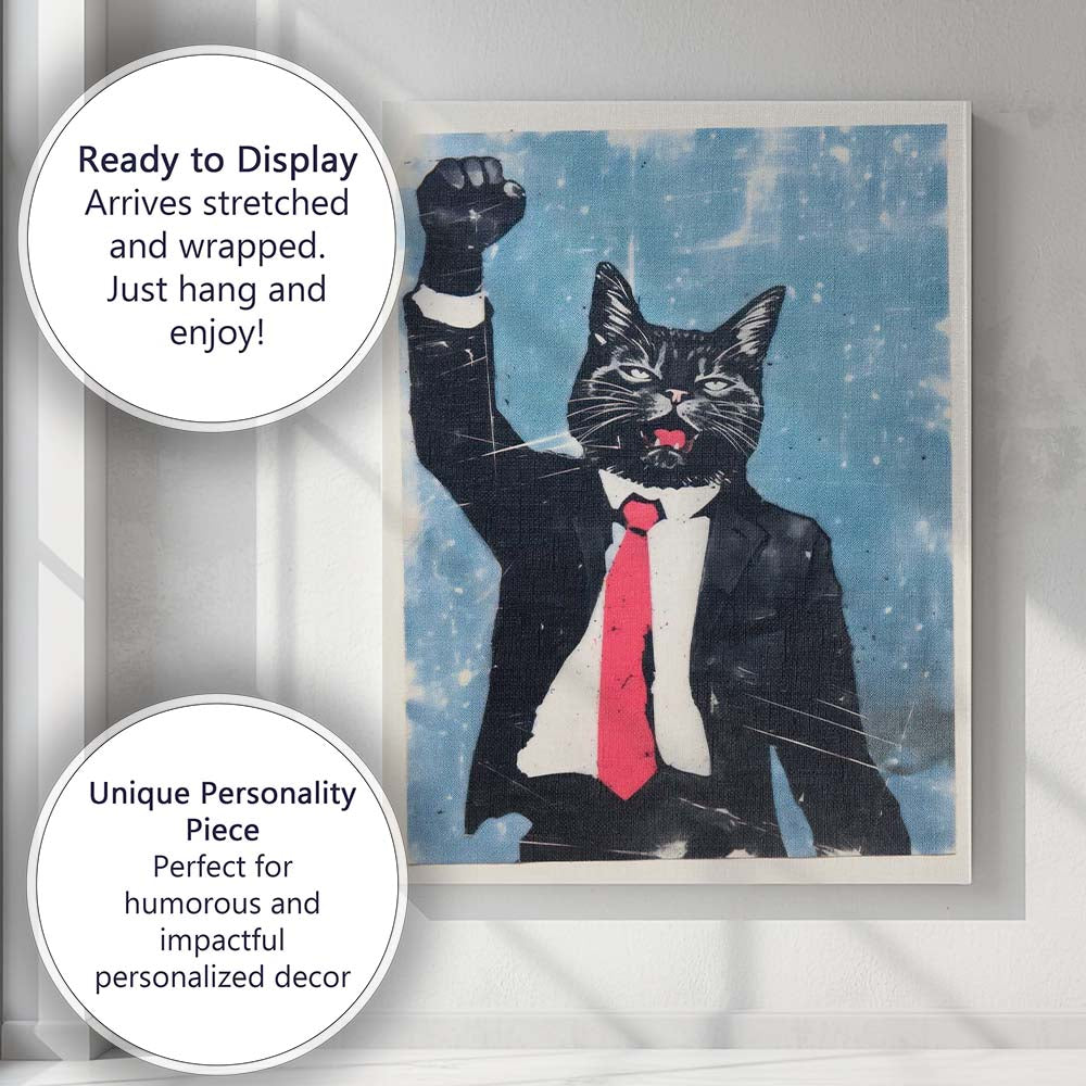 Funny Business Cat Raising Fist Pop Art Illustration Canvas Wall Art Print Decor Picture Ready to Hang