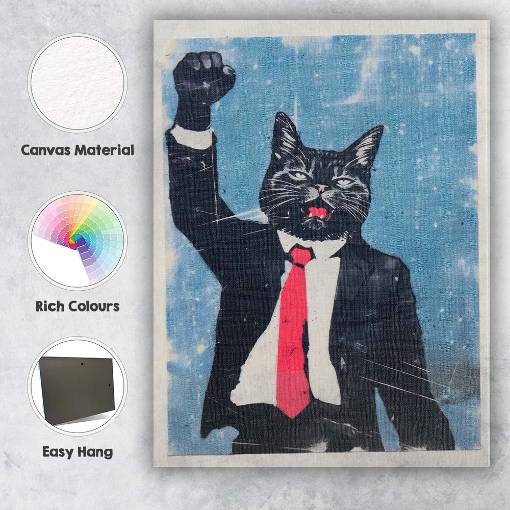 Funny Business Cat Raising Fist Pop Art Illustration Canvas Wall Art Print Decor Picture Ready to Hang