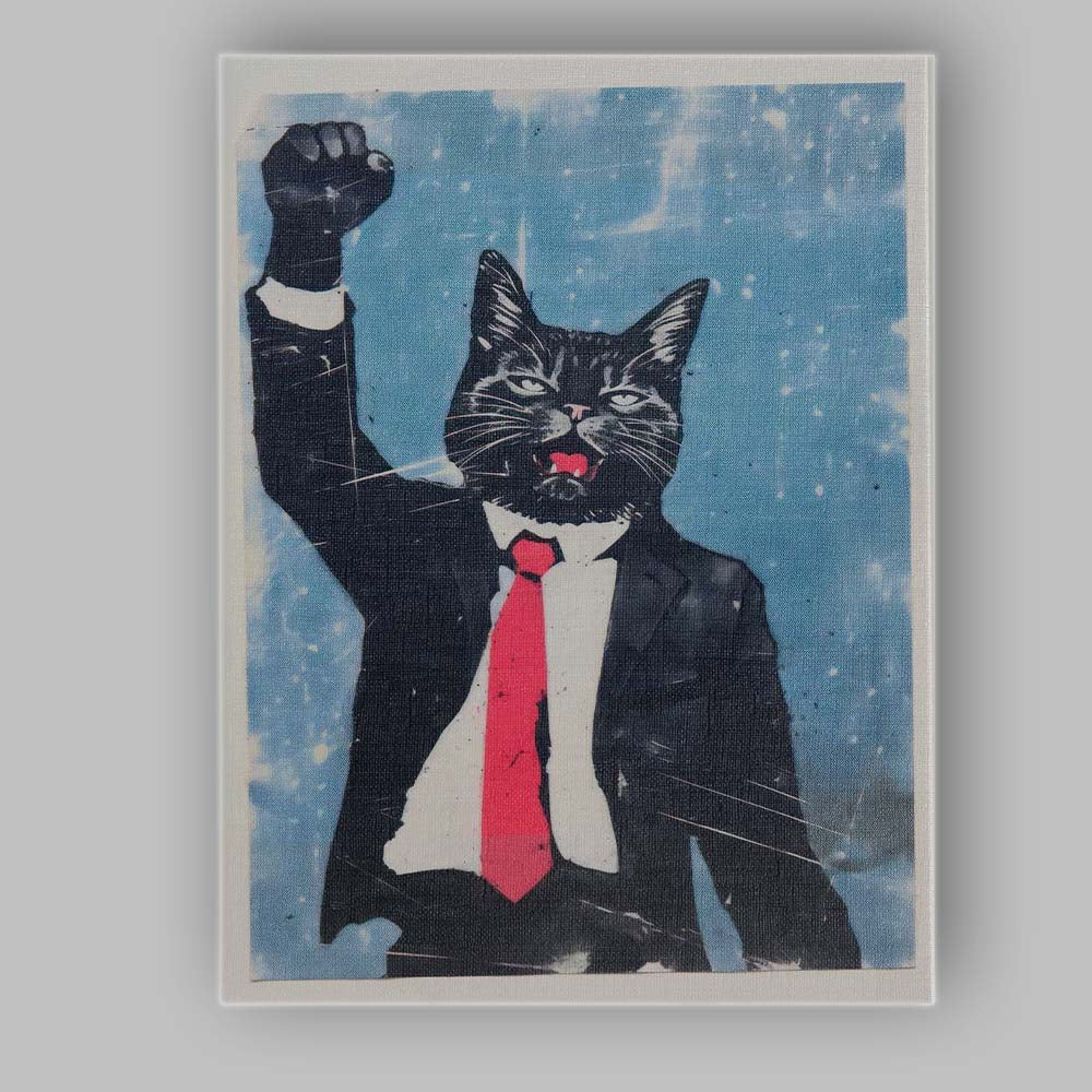 Funny Business Cat Raising Fist Pop Art Illustration Canvas Wall Art Print Decor Picture Ready to Hang