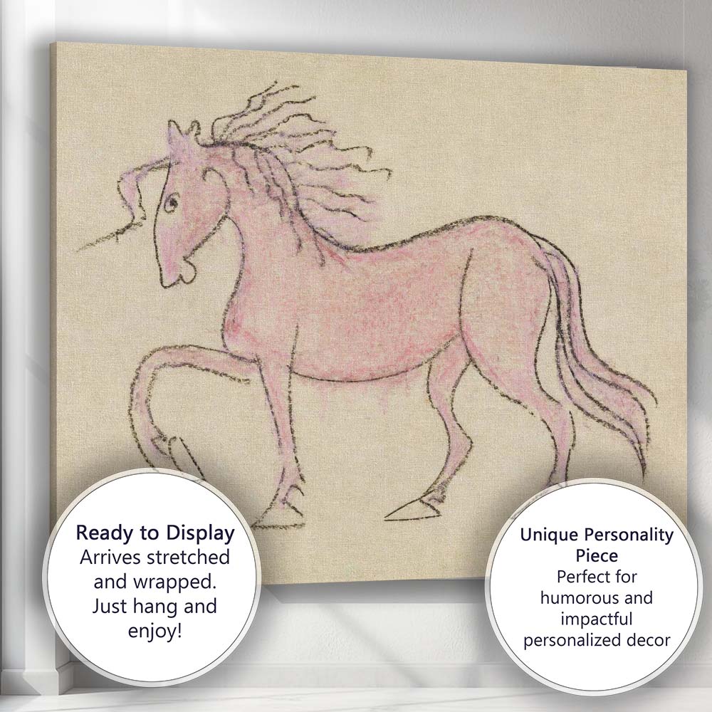 Whimsical Pink Horse Folk Art Illustration Canvas Wall Art Print Decor Picture Ready to Hang