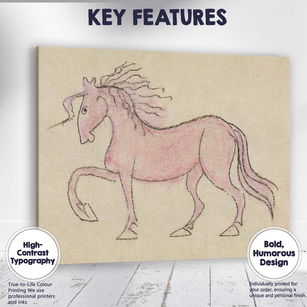 Whimsical Pink Horse Folk Art Illustration Canvas Wall Art Print Decor Picture Ready to Hang