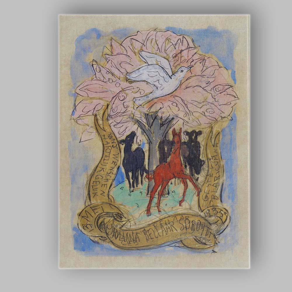 Whimsical Dove Tree Horses Folk Art Illustration Canvas Wall Art Print Decor Picture Ready to Hang
