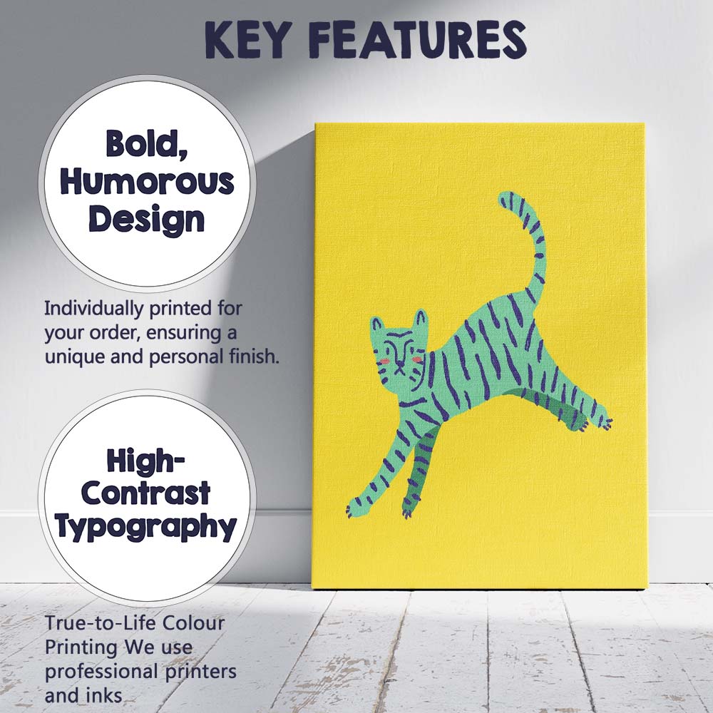 Playful Turquoise Striped Cat Modern Scandinavian Animal Illustration Canvas Wall Art Print Decor Picture Ready to Hang