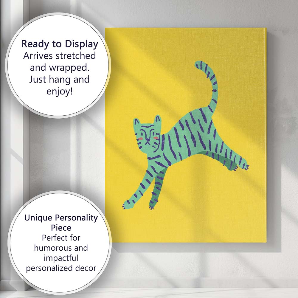 Playful Turquoise Striped Cat Modern Scandinavian Animal Illustration Canvas Wall Art Print Decor Picture Ready to Hang