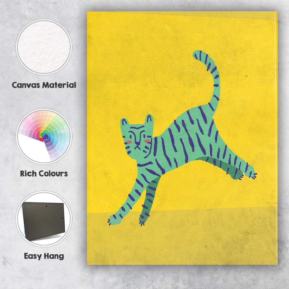 Playful Turquoise Striped Cat Modern Scandinavian Animal Illustration Canvas Wall Art Print Decor Picture Ready to Hang