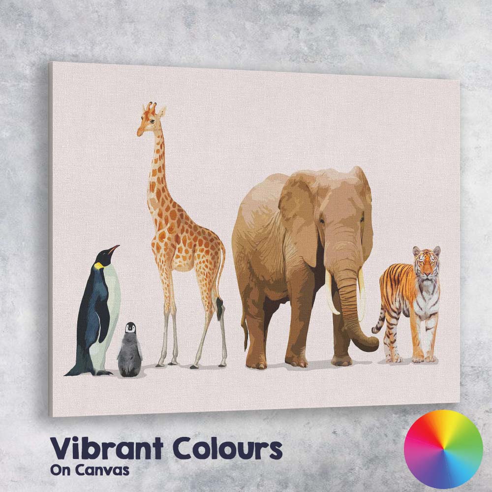 Safari Wildlife Animal Collection Elephant Giraffe Tiger Penguin Illustration Canvas Wall Art Print Decor Picture Ready to Hang
