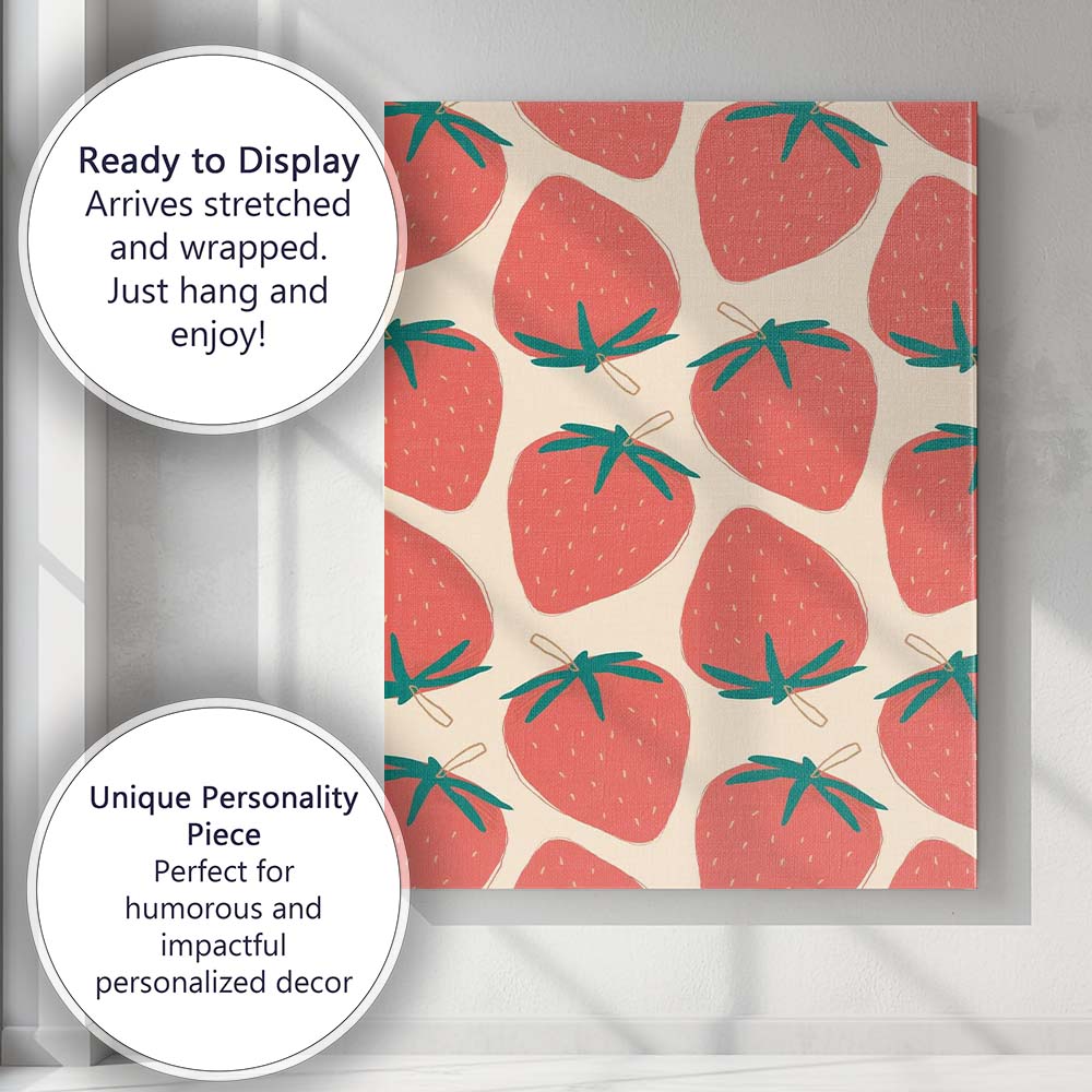 Coral Pink Strawberry Repeat Pattern Scandinavian Fruit Illustration Canvas Wall Art Print Decor Picture Ready to Hang