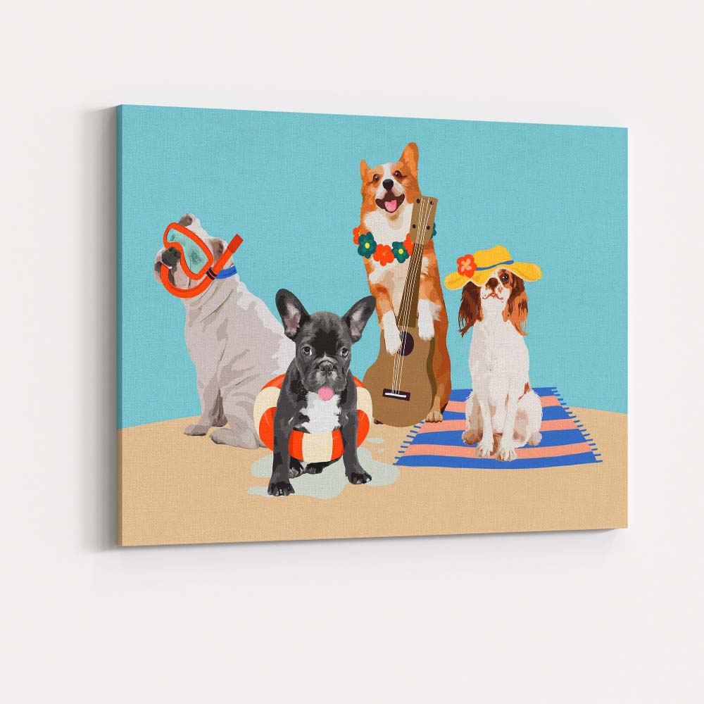 Summer Holiday Dogs Beach Party Cute Pet Illustration Canvas Wall Art Print Decor Picture Ready to Hang