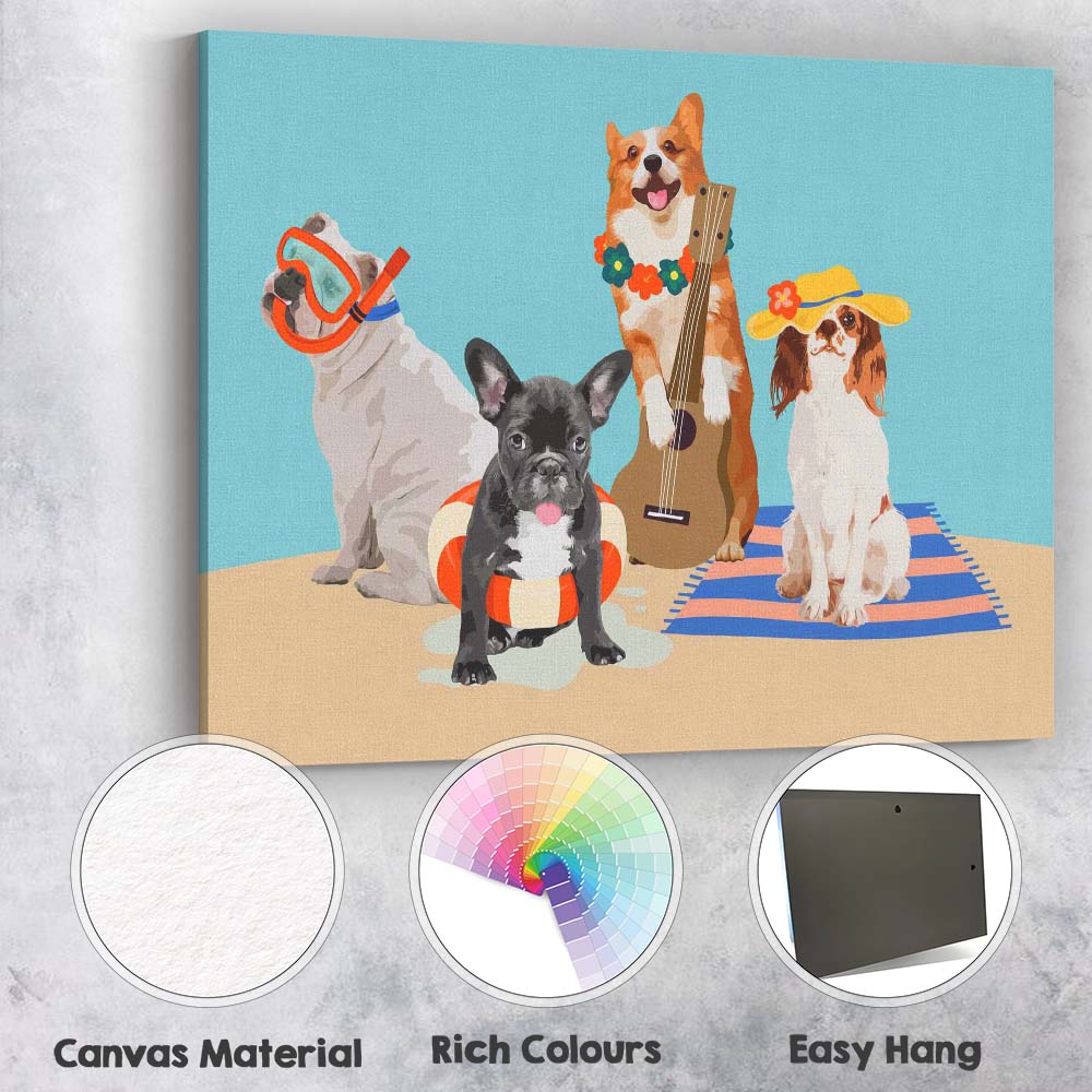 Summer Holiday Dogs Beach Party Cute Pet Illustration Canvas Wall Art Print Decor Picture Ready to Hang