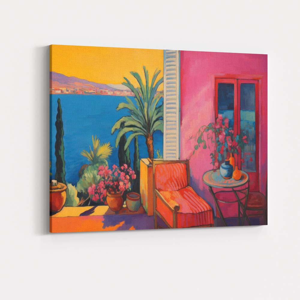 Colourful Mediterranean Coastal Patio Sunset Impressionist Painting Canvas Wall Art Print Decor Picture Ready to Hang