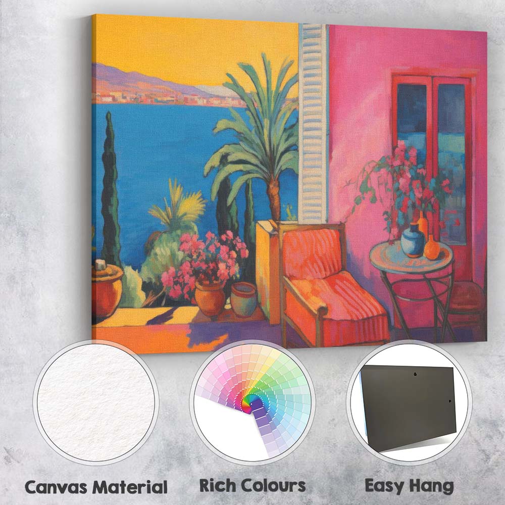 Colourful Mediterranean Coastal Patio Sunset Impressionist Painting Canvas Wall Art Print Decor Picture Ready to Hang