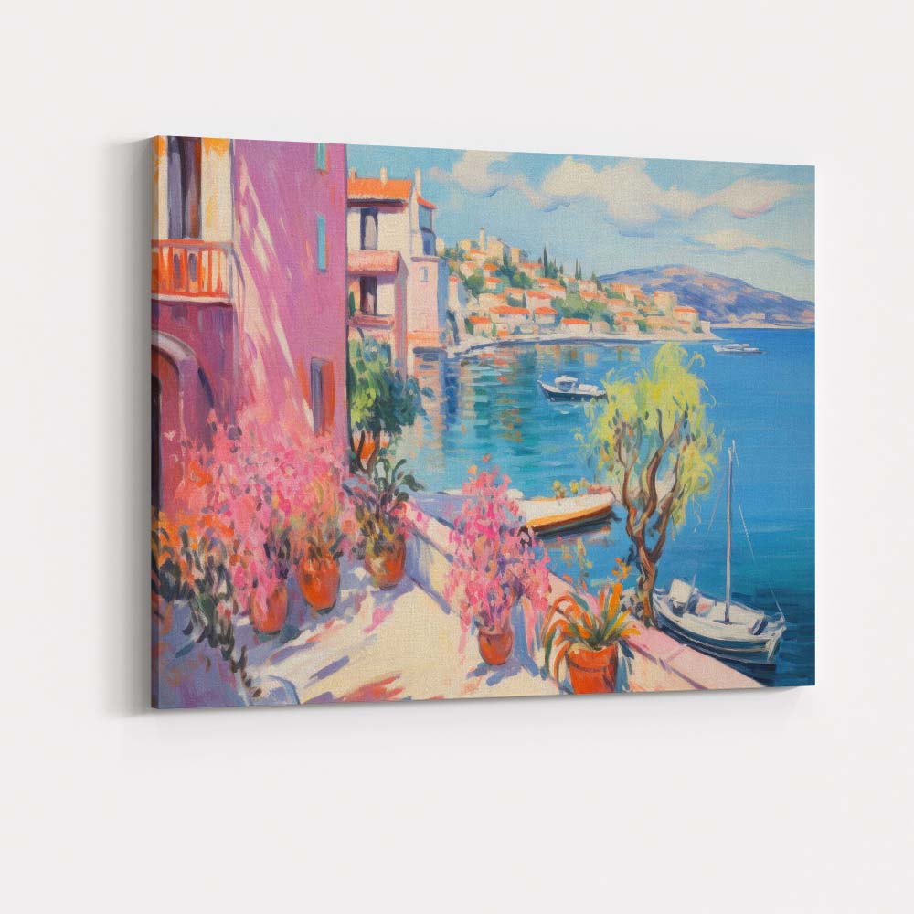 Mediterranean Coastal Harbour Pink Bougainvillea Impressionist Seascape Canvas Wall Art Print Decor Picture Ready to Hang