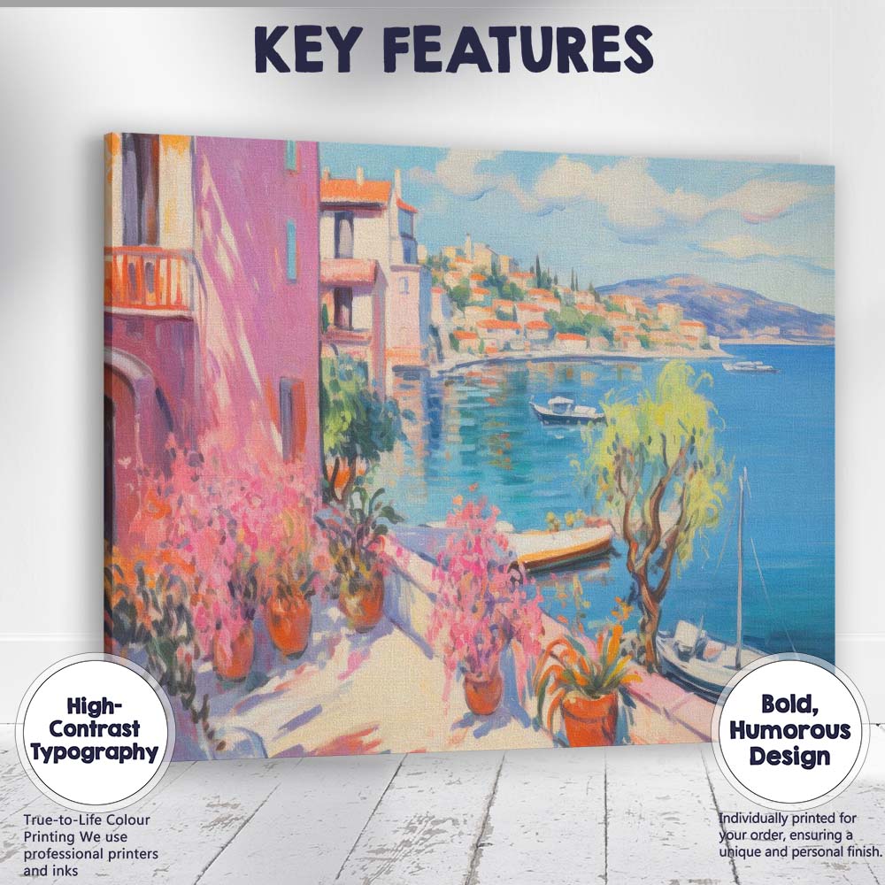 Mediterranean Coastal Harbour Pink Bougainvillea Impressionist Seascape Canvas Wall Art Print Decor Picture Ready to Hang