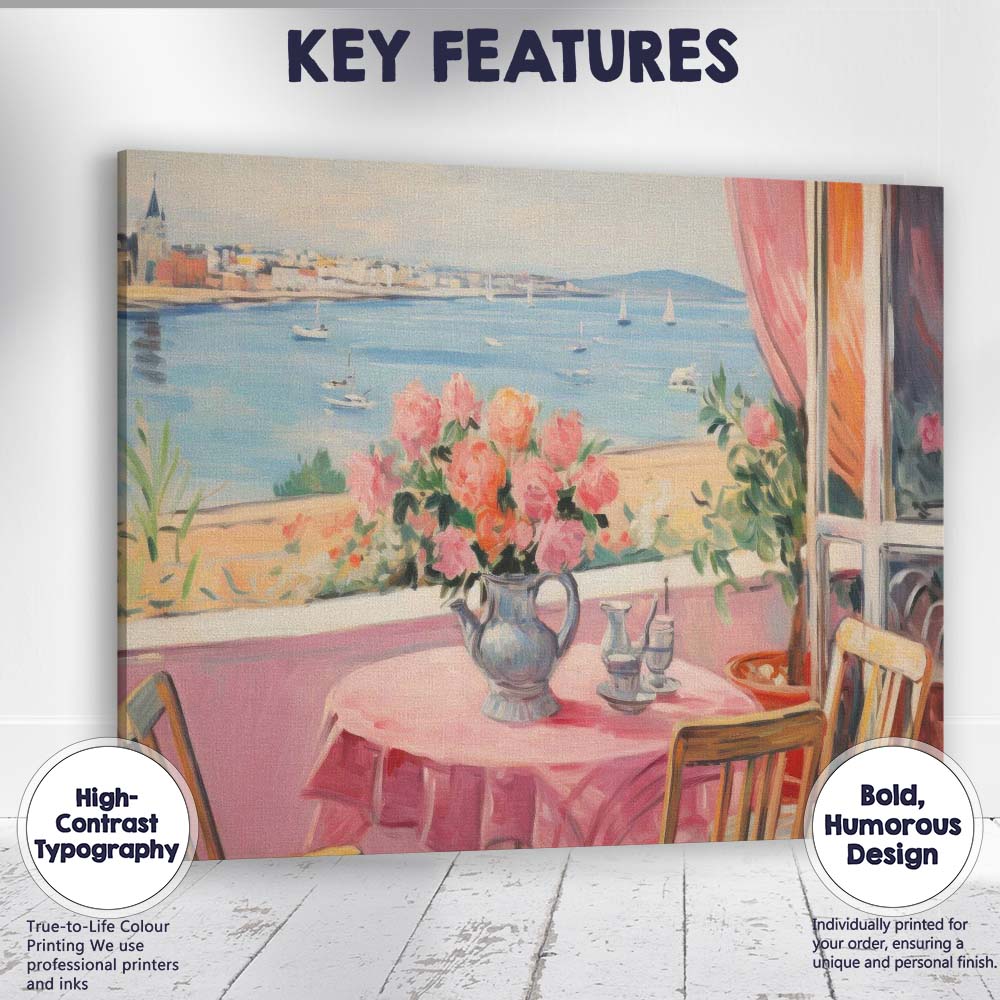 Romantic Coastal Window Sea View Floral Table Impressionist Canvas Wall Art Print Decor Picture Ready to Hang