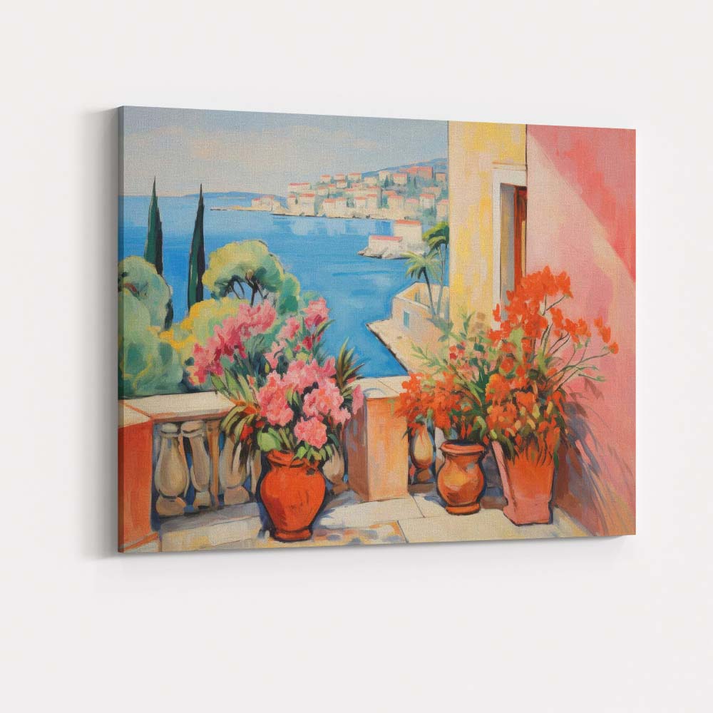 Mediterranean Terrace Blooming Flowers Coastal Village Impressionist Canvas Wall Art Print Decor Picture Ready to Hang