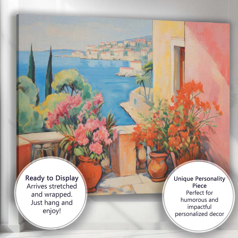 Mediterranean Terrace Blooming Flowers Coastal Village Impressionist Canvas Wall Art Print Decor Picture Ready to Hang