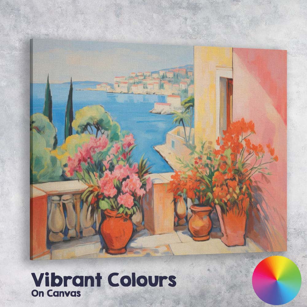 Mediterranean Terrace Blooming Flowers Coastal Village Impressionist Canvas Wall Art Print Decor Picture Ready to Hang