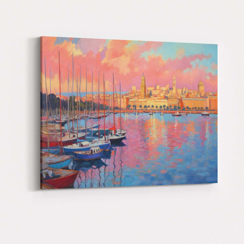 Pastel Harbour Marina Sunset Sailboats Cityscape Impressionist Canvas Wall Art Print Decor Picture Ready to Hang