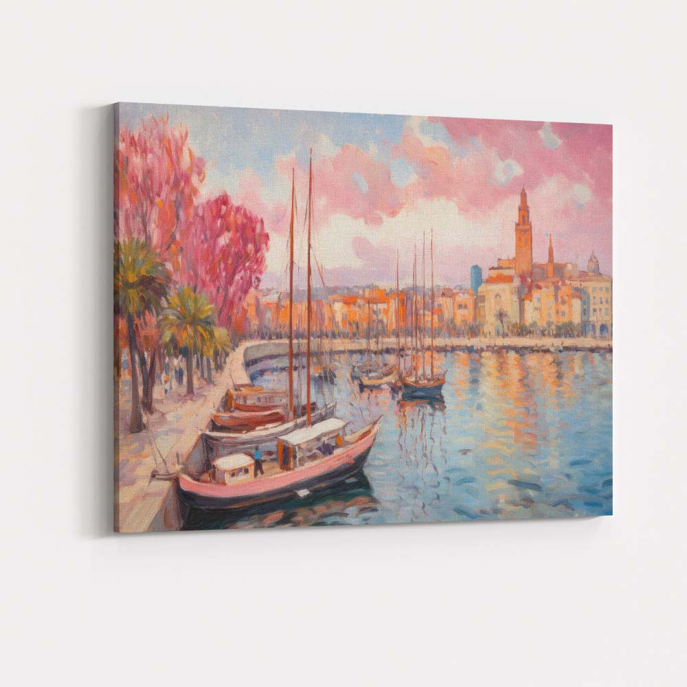 Romantic Coastal Marina Sailboats Pink Blossom Impressionist Canvas Wall Art Print Decor Picture Ready to Hang