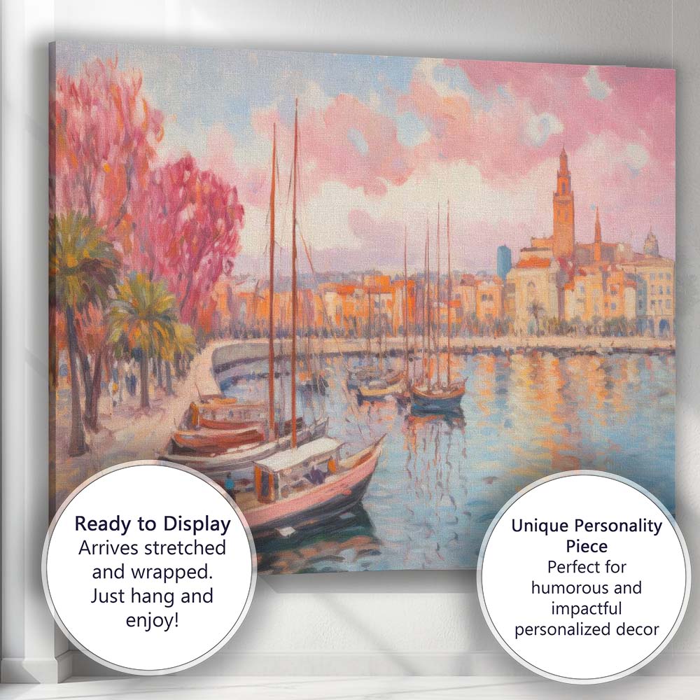 Romantic Coastal Marina Sailboats Pink Blossom Impressionist Canvas Wall Art Print Decor Picture Ready to Hang