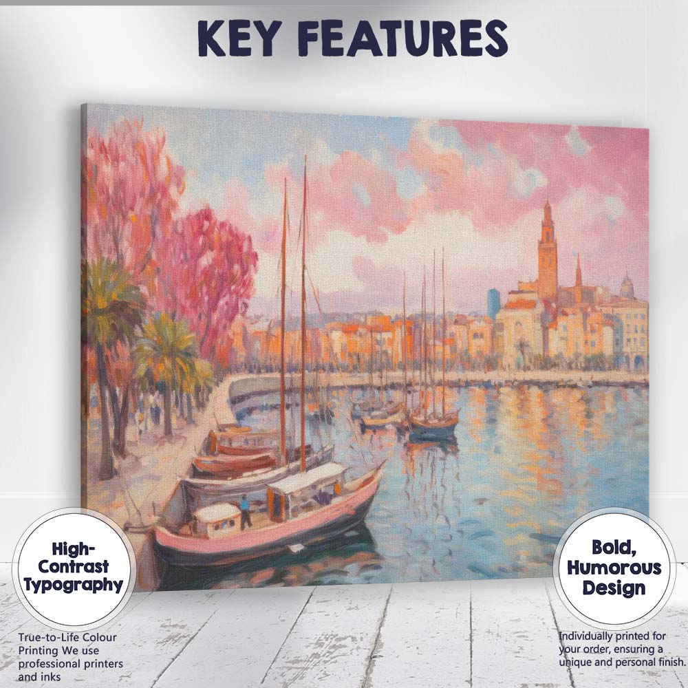 Romantic Coastal Marina Sailboats Pink Blossom Impressionist Canvas Wall Art Print Decor Picture Ready to Hang