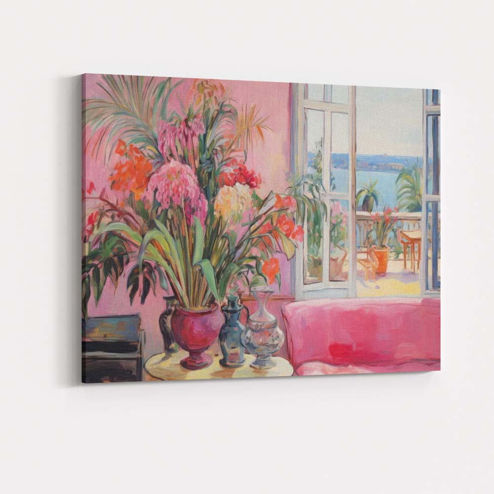 Elegant Pink Interior Tropical Plants Coastal View Impressionist Canvas Wall Art Print Decor Picture Ready to Hang