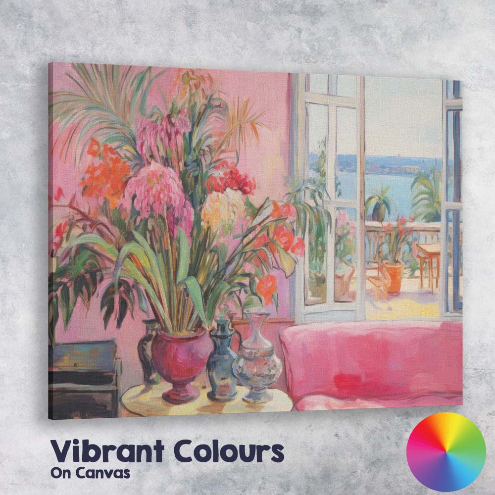 Elegant Pink Interior Tropical Plants Coastal View Impressionist Canvas Wall Art Print Decor Picture Ready to Hang