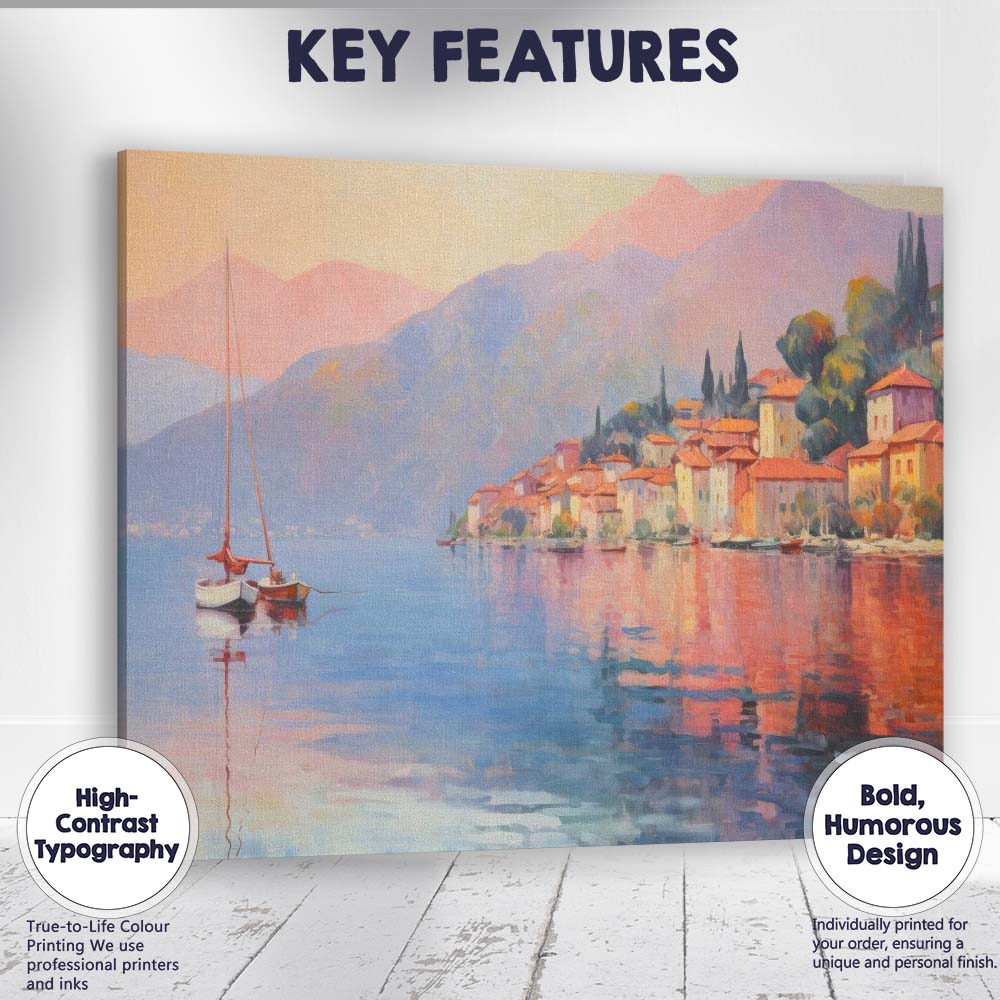 Serene Lakeside Village Sunset Reflection Impressionist Landscape Canvas Wall Art Print Decor Picture Ready to Hang