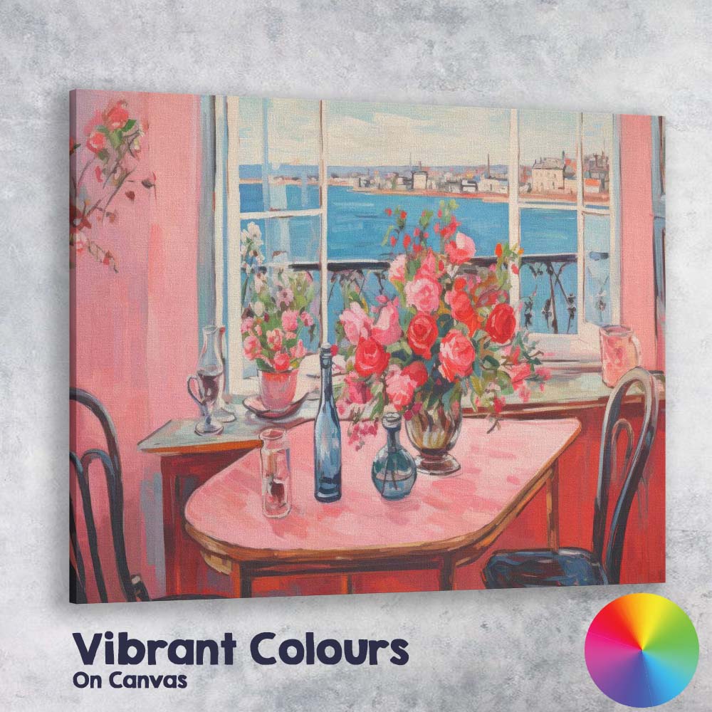 Romantic Pink Dining Room Coastal Window Floral Interior Canvas Wall Art Print Decor Picture Ready to Hang