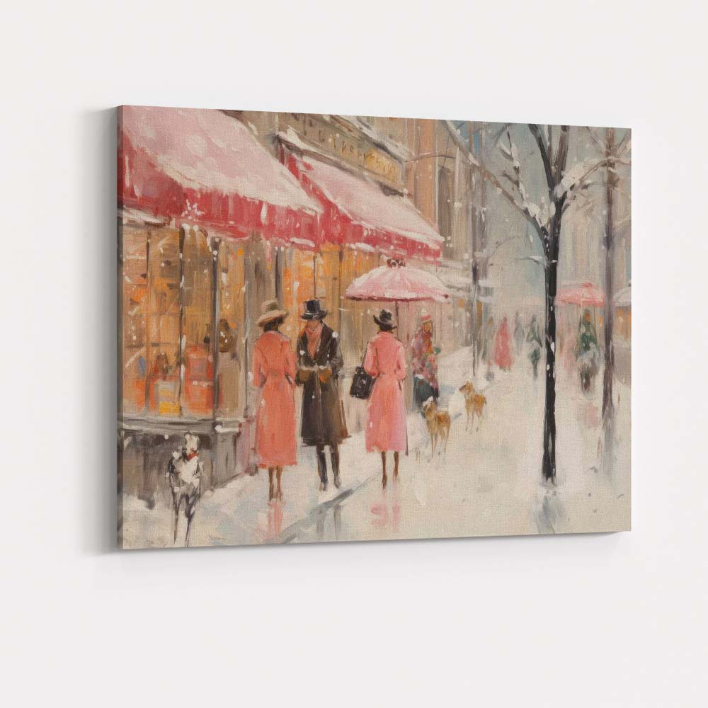 Parisian Winter Cafe Street Pink Umbrellas Snowfall Impressionist Canvas Wall Art Print Decor Picture Ready to Hang