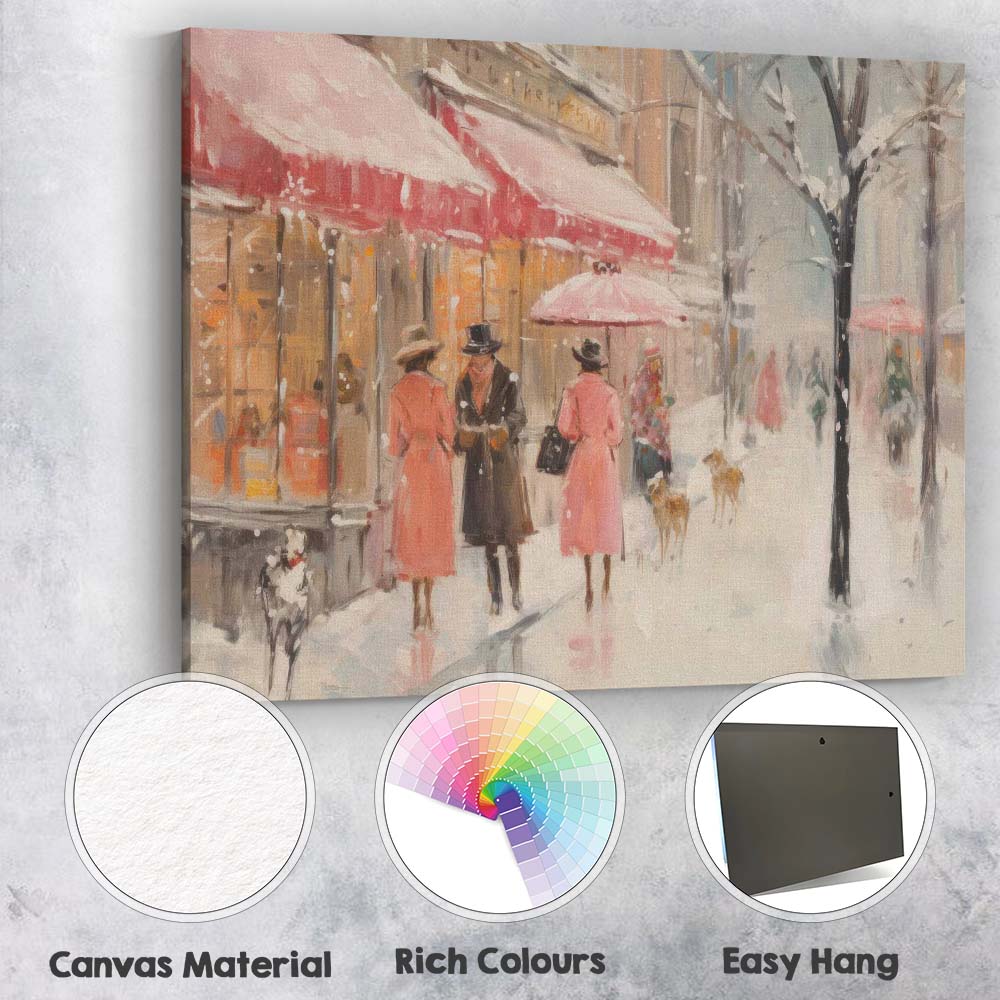 Parisian Winter Cafe Street Pink Umbrellas Snowfall Impressionist Canvas Wall Art Print Decor Picture Ready to Hang