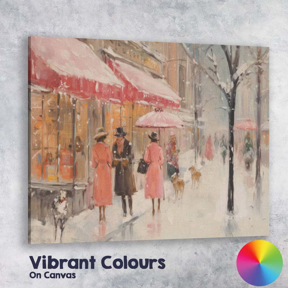 Parisian Winter Cafe Street Pink Umbrellas Snowfall Impressionist Canvas Wall Art Print Decor Picture Ready to Hang