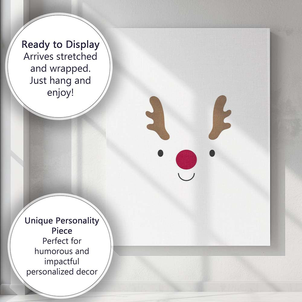 Cute Minimalist Reindeer Face Christmas Illustration Canvas Wall Art Print Decor Picture Ready to Hang