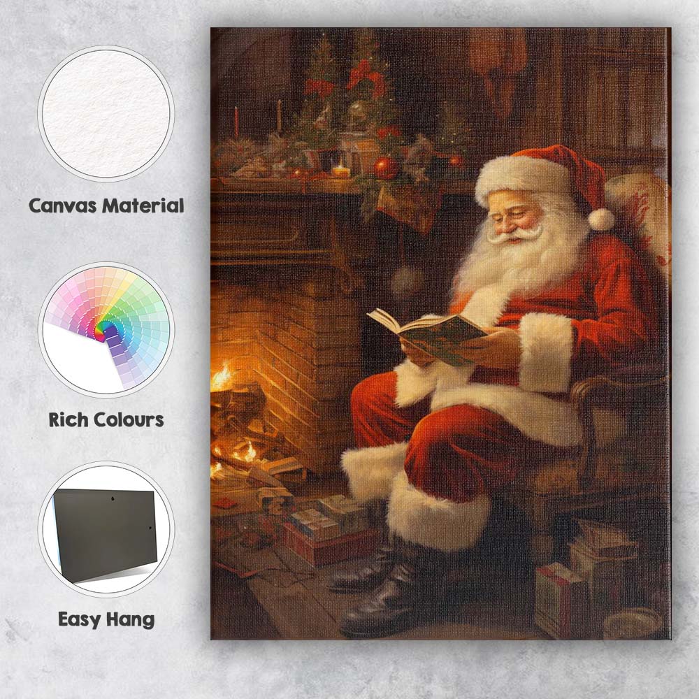 Cosy Santa Claus Reading by Fireplace Christmas Illustration Canvas Wall Art Print Decor Picture Ready to Hang