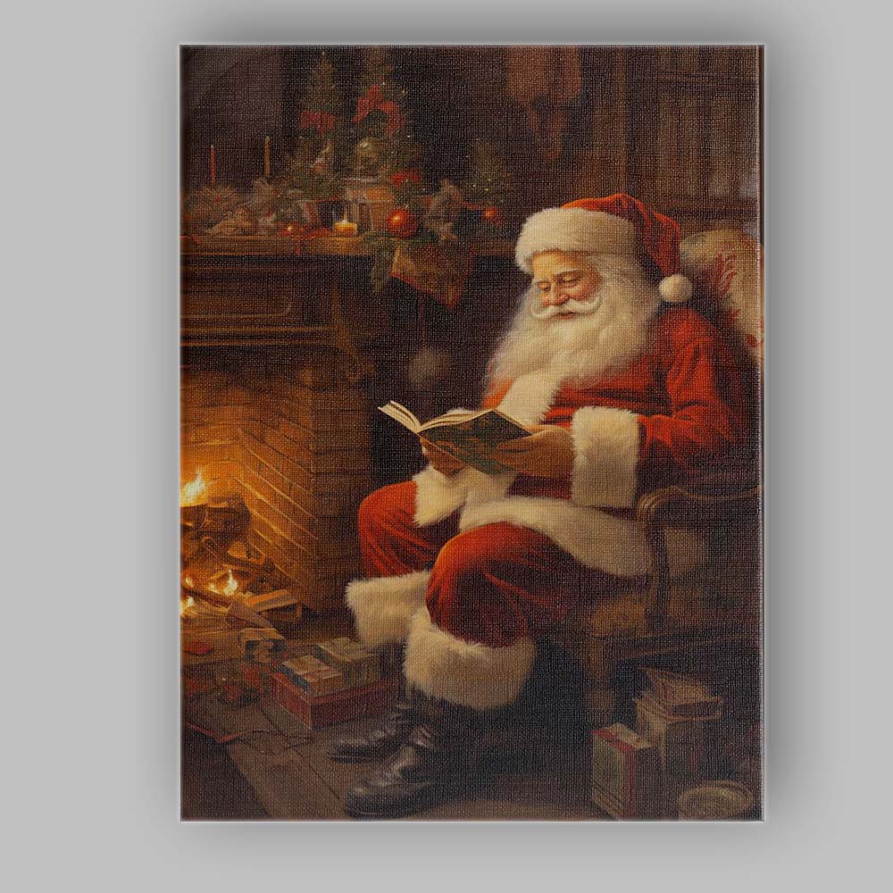 Cosy Santa Claus Reading by Fireplace Christmas Illustration Canvas Wall Art Print Decor Picture Ready to Hang