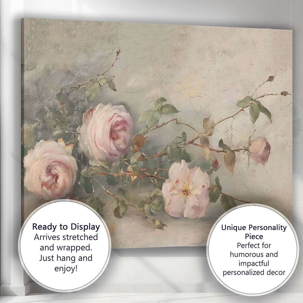Soft Pink Rose Botanical Still Life Painting Canvas Wall Art Print Decor Picture Ready to Hang