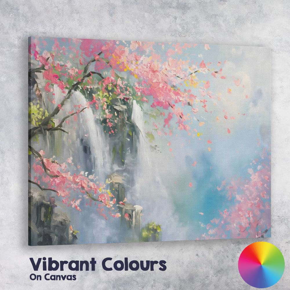 Dreamy Cherry Blossom Waterfall Landscape Painting Canvas Wall Art Print Decor Picture Ready to Hang