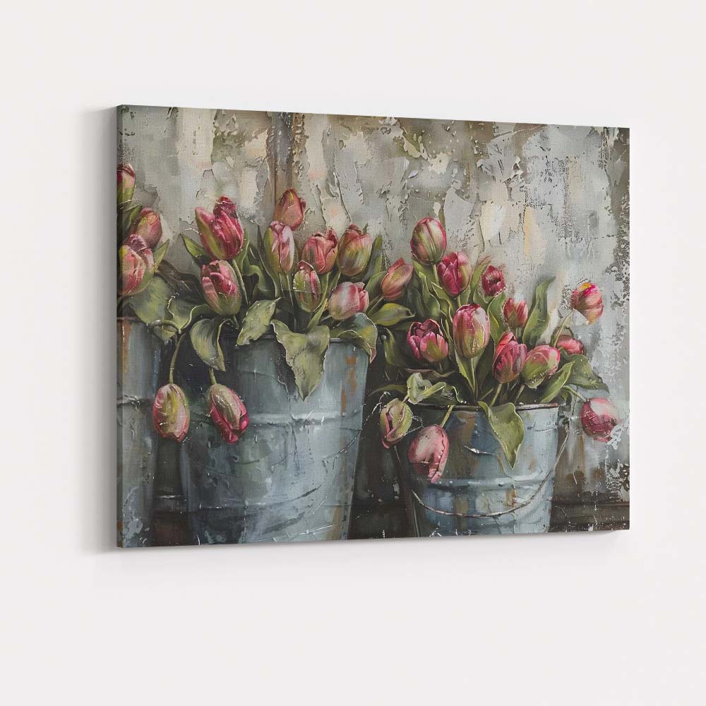 Rustic Pink Tulips in Metal Buckets Floral Still Life Canvas Wall Art Print Decor Picture Ready to Hang