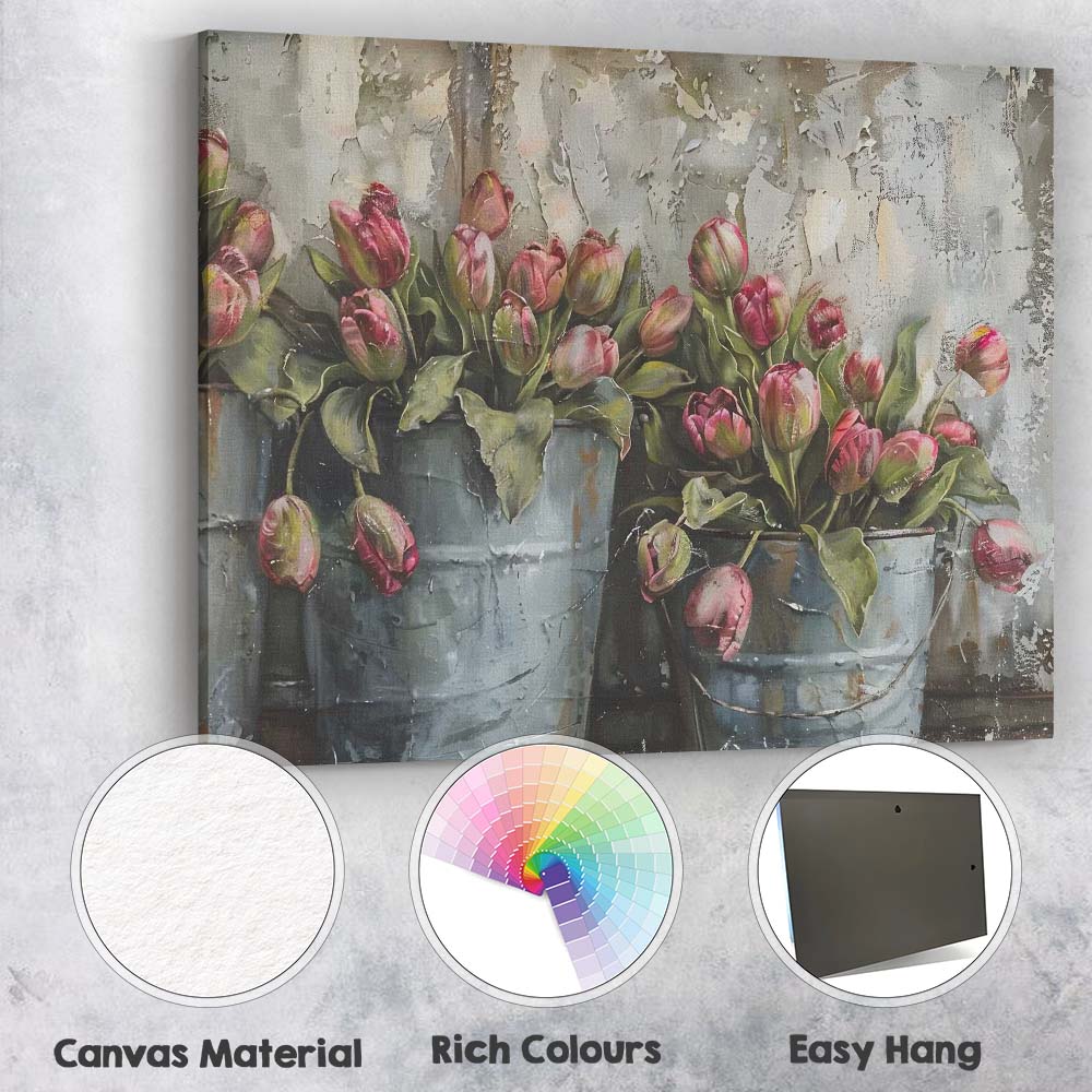 Rustic Pink Tulips in Metal Buckets Floral Still Life Canvas Wall Art Print Decor Picture Ready to Hang
