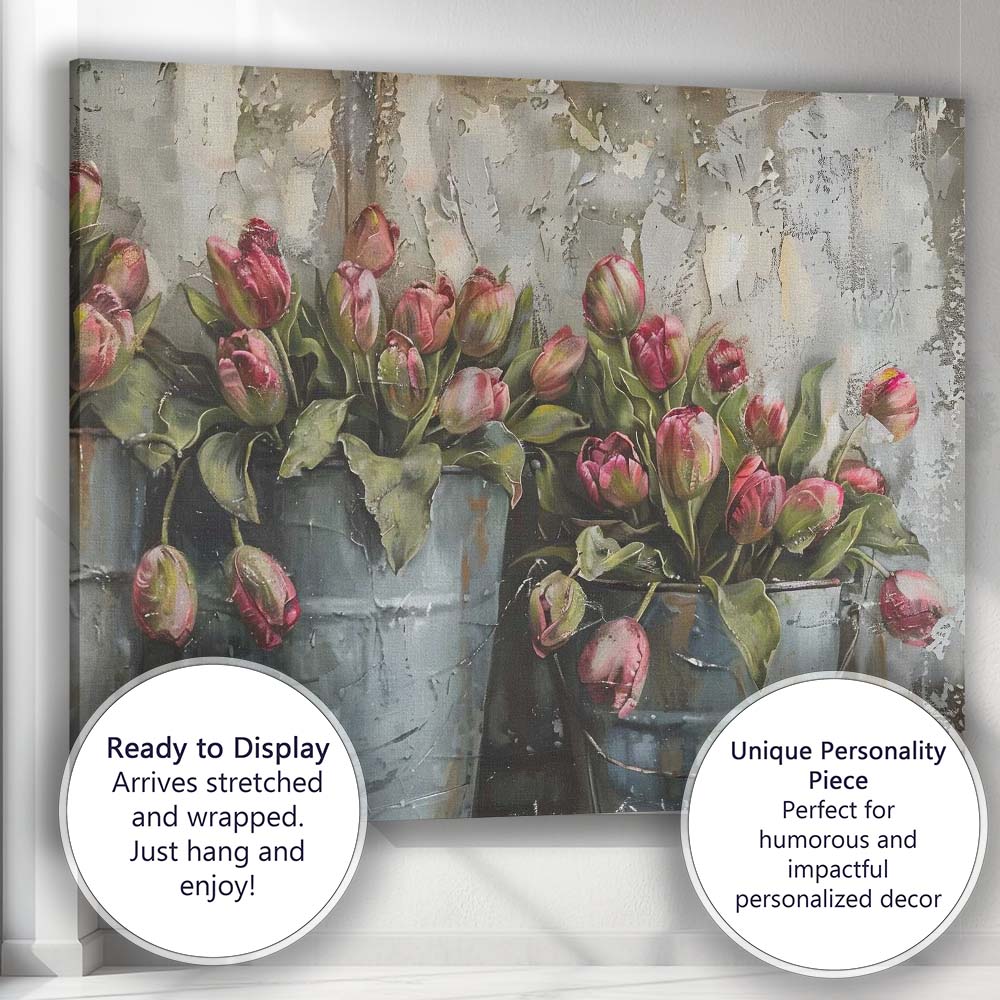 Rustic Pink Tulips in Metal Buckets Floral Still Life Canvas Wall Art Print Decor Picture Ready to Hang