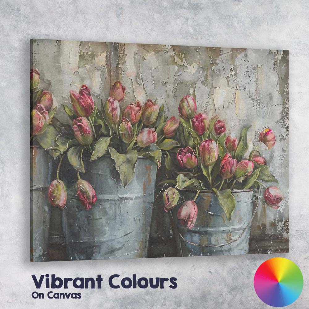 Rustic Pink Tulips in Metal Buckets Floral Still Life Canvas Wall Art Print Decor Picture Ready to Hang